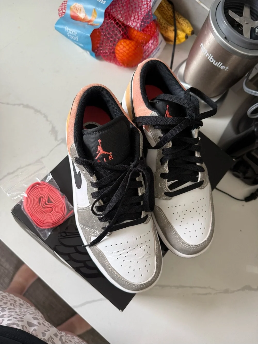 Jordan Low Top Sneakers - White Gray Black with Coral and Orange Accents